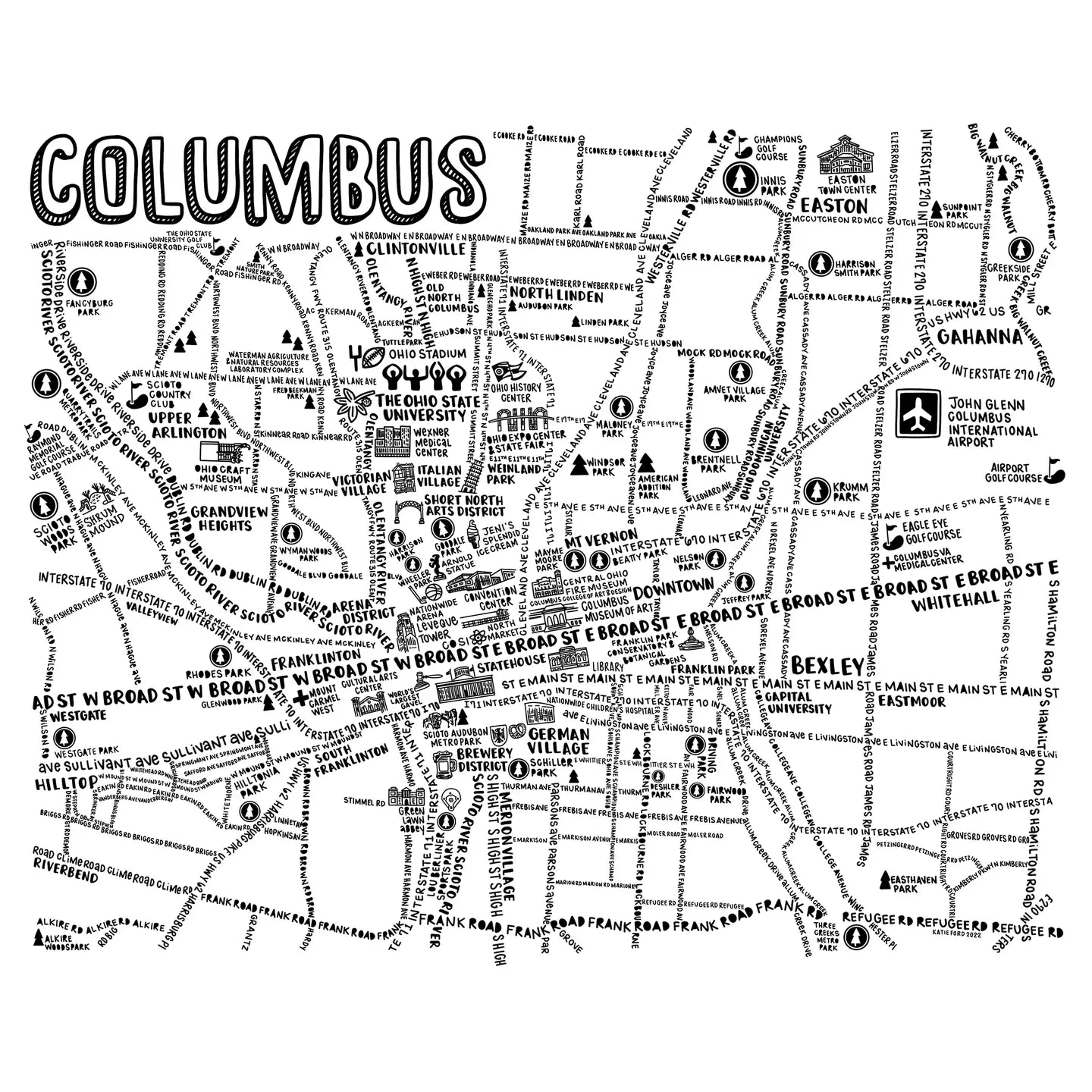 Columbus Ohio Street Map Print B/W