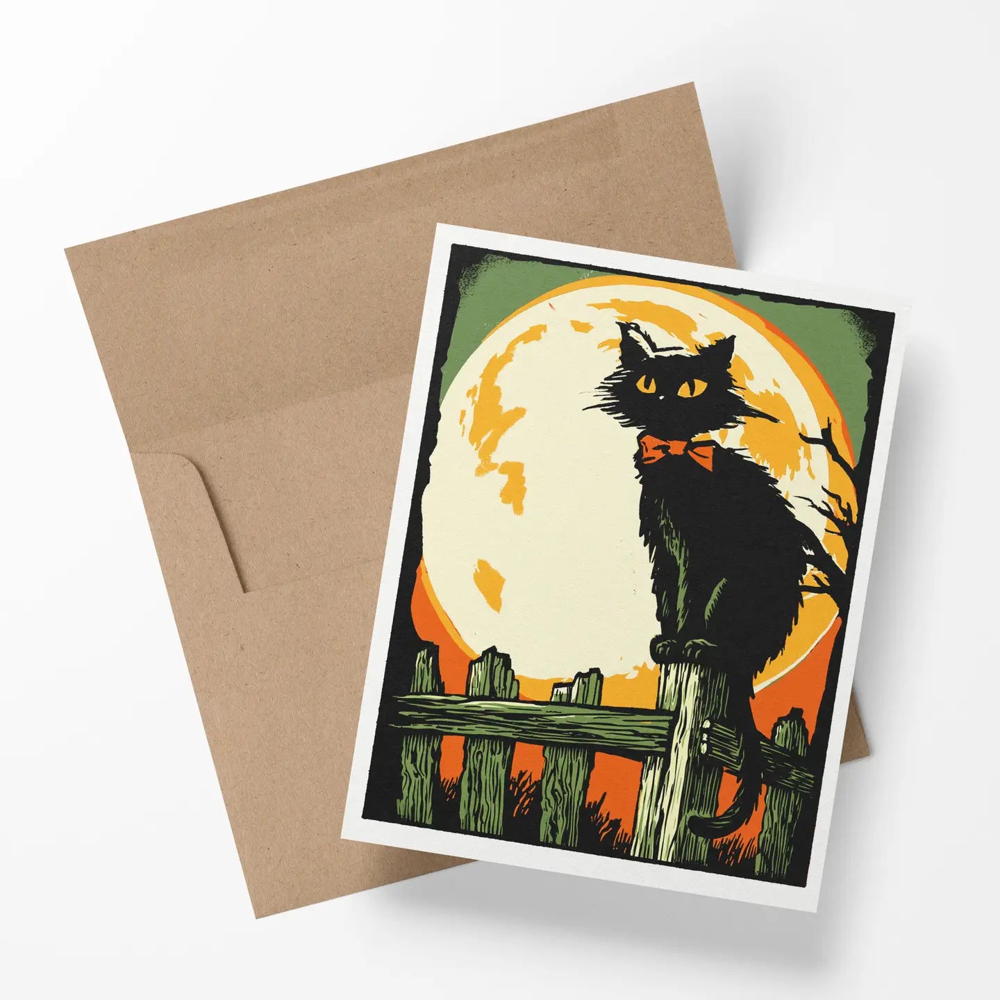 On the Fence – Retro Halloween Black Cat Notecard