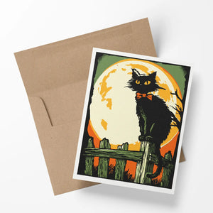 On the Fence – Retro Halloween Black Cat Notecard